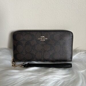 Coach C4452 Signature Long Zip Around Wallet Brown Black Gold Tone NWT